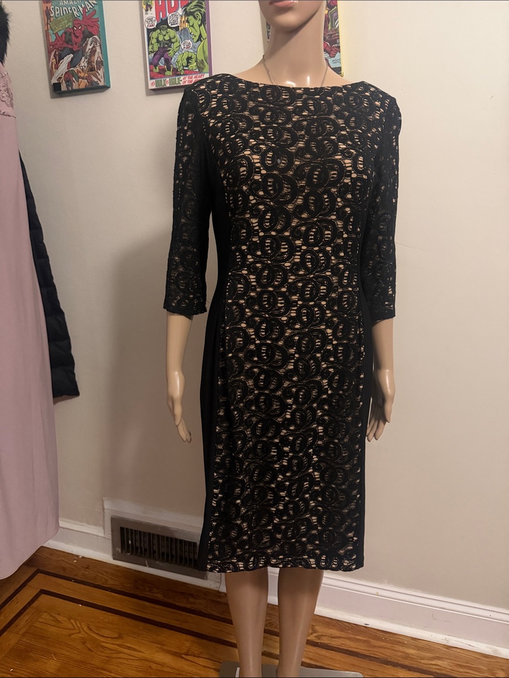 Anne Klein Black Lace Midi Dress with Nude Underlay
